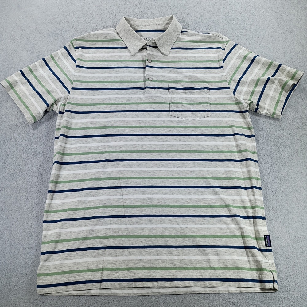 Patagonia Mens Striped Polo Shirt Grey Blue Green Medium Organic Cotton